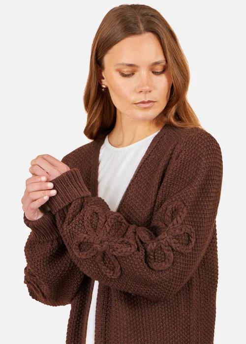 Yumi Brown Cardigan With Flower Detail Sleeves - M Image 4