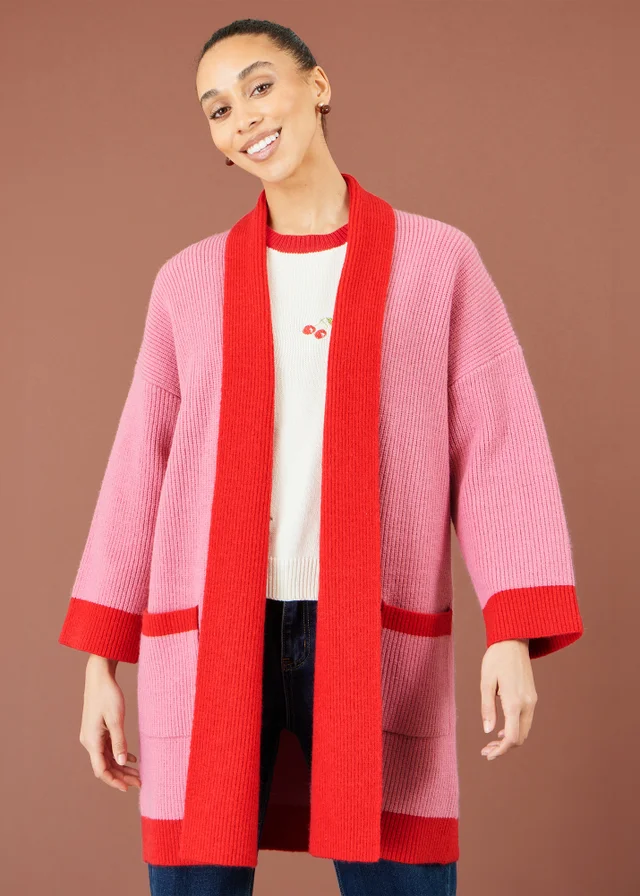 Yumi Pink Contrast Knitted Cardigan