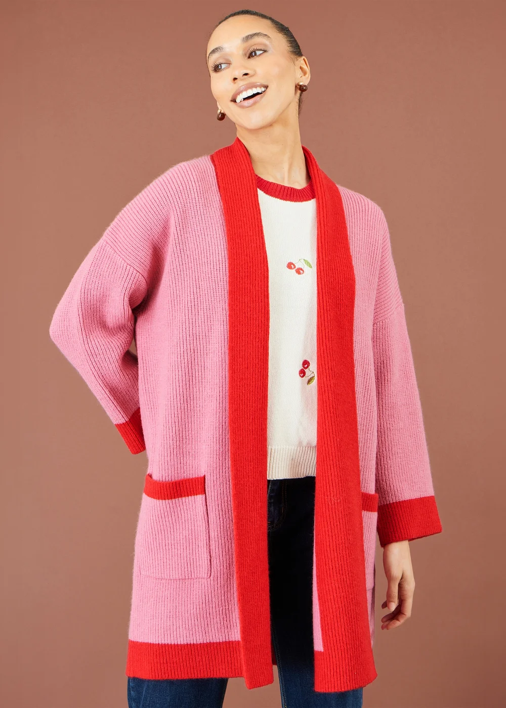Yumi Pink Contrast Knitted Cardigan - S Image 2