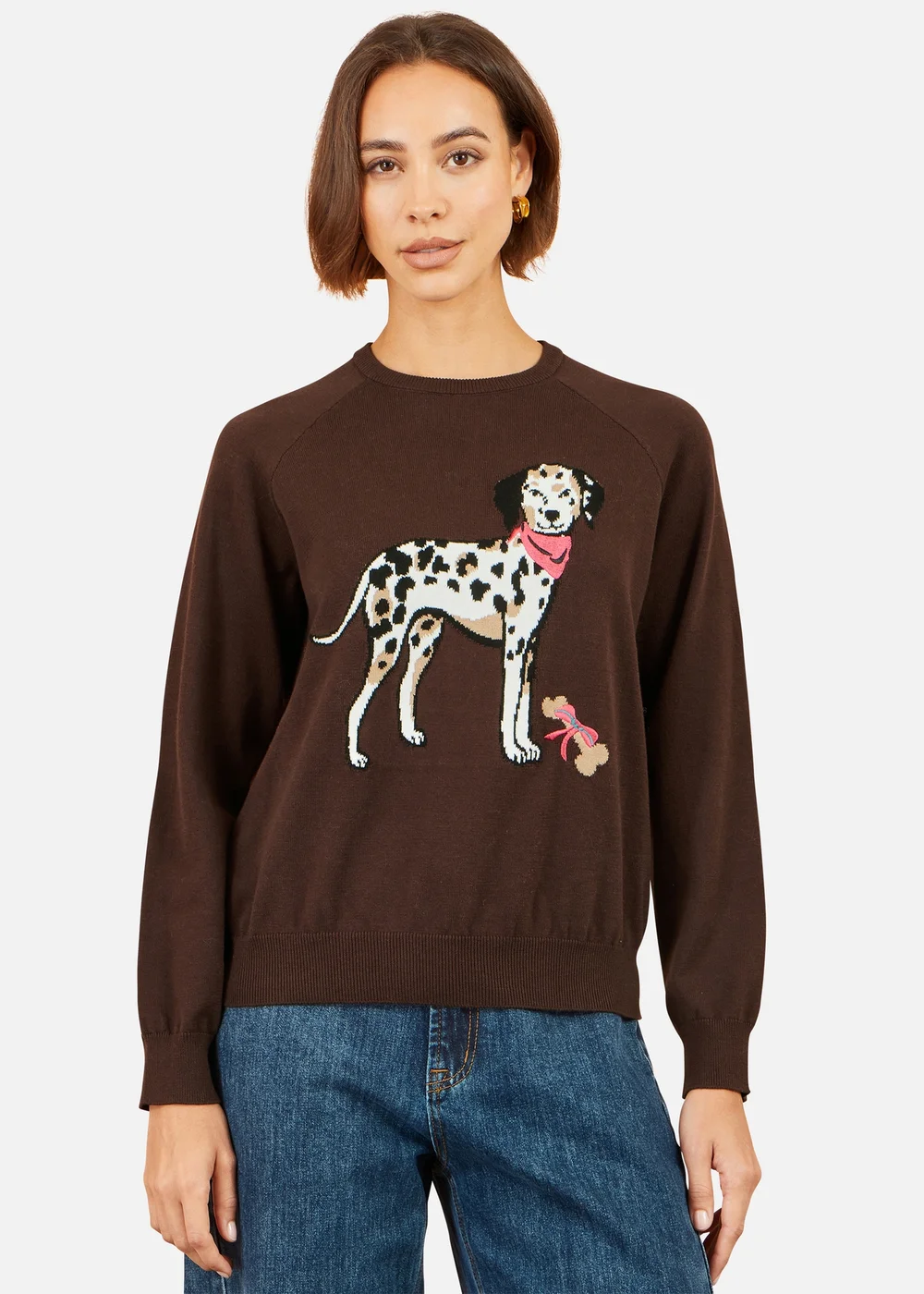 Yumi Brown Dalmatian Intarsia Relaxed Jumper - S Image 1