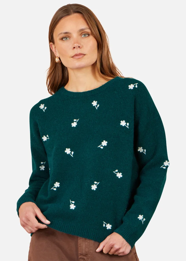 Yumi Green Daisy Embroidered Relaxed Jumper