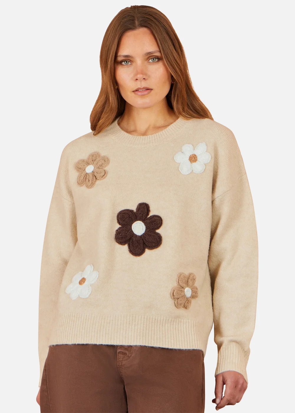 Yumi Beige Relaxed Crochet Flower Jumper - M Image 1