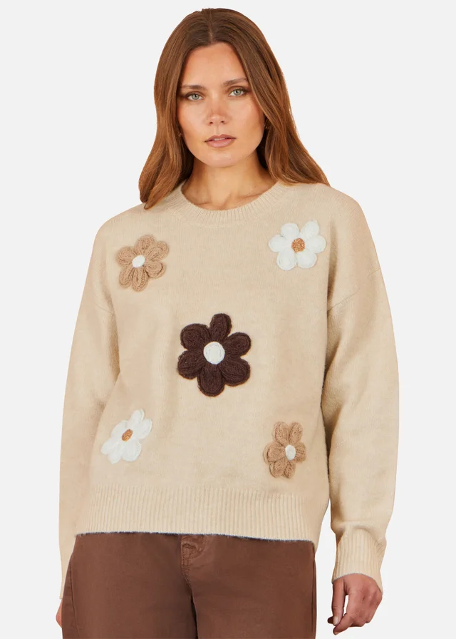 Yumi Beige Relaxed Crochet Flower Jumper