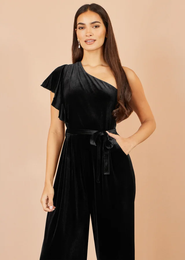Yumi Black One Shoulder Velvet Jumpsuit