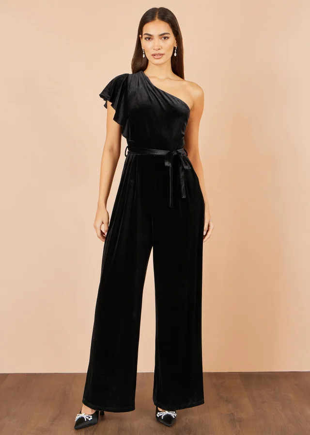 Yumi Black One Shoulder Velvet Jumpsuit