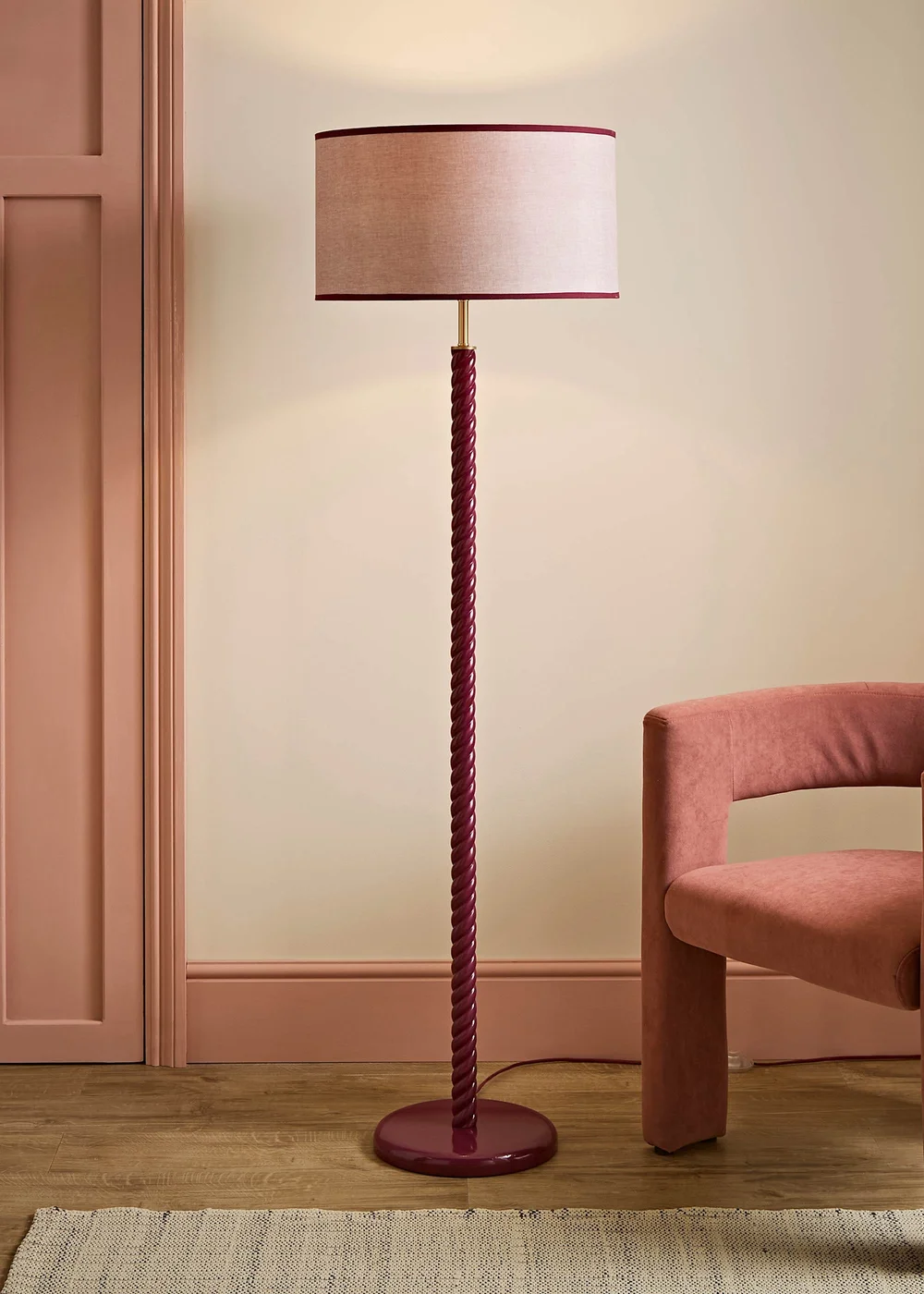 ValueLights Amara Pink Twist Floor Lamp With Colour Match Inner Shade & Warm White Bulb - One Size Image 1