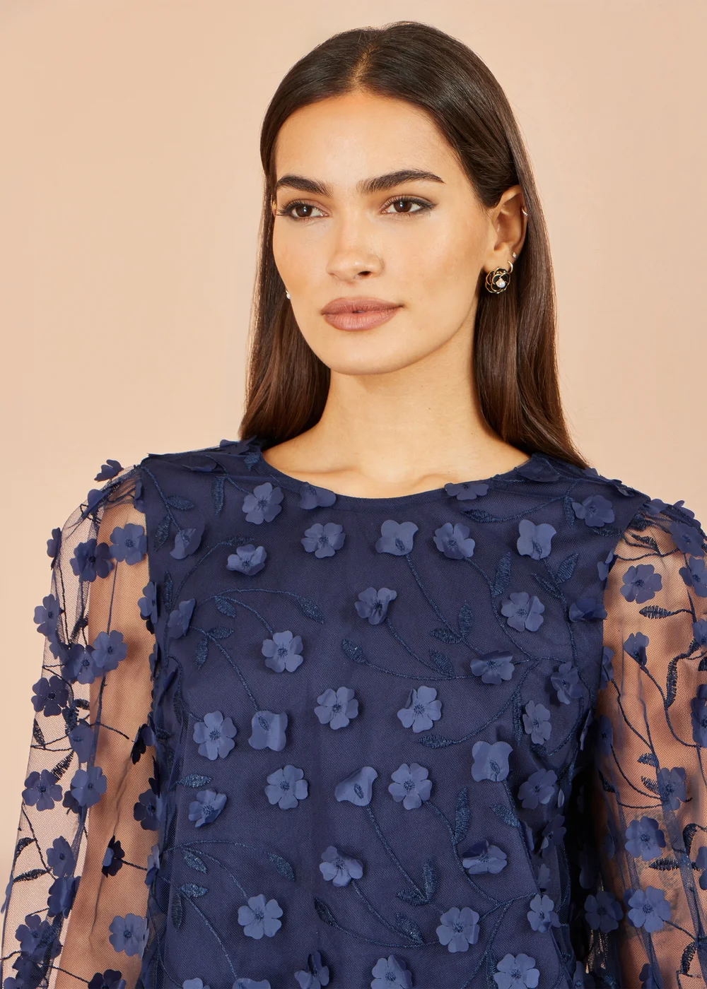 Yumi Navy Sheer Sleeve Applique Flower Top - 10 Image 3
