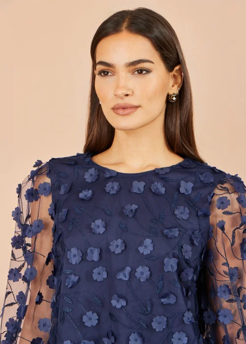 Yumi Navy Sheer Sleeve Applique Flower Top - 10 Image 3