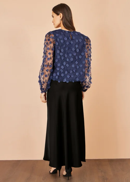 Yumi Navy Sheer Sleeve Applique Flower Top - 10 Image 2
