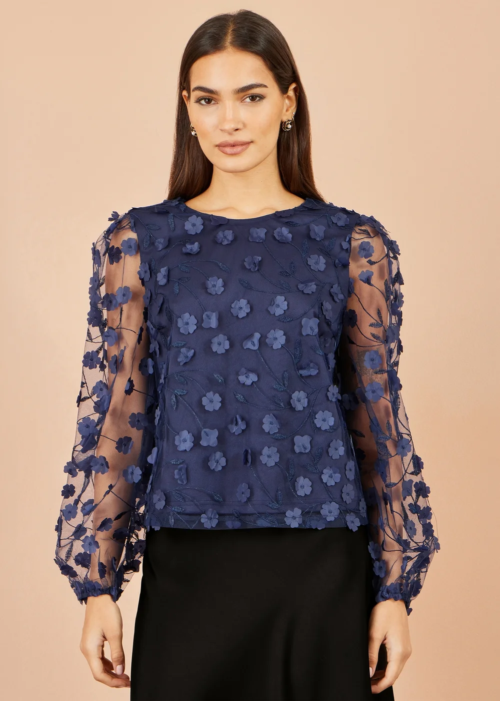 Yumi Navy Sheer Sleeve Applique Flower Top - 10 Image 1