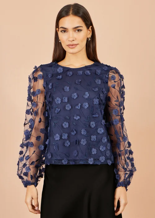 Yumi Navy Sheer Sleeve Applique Flower Top - 10 Image 1