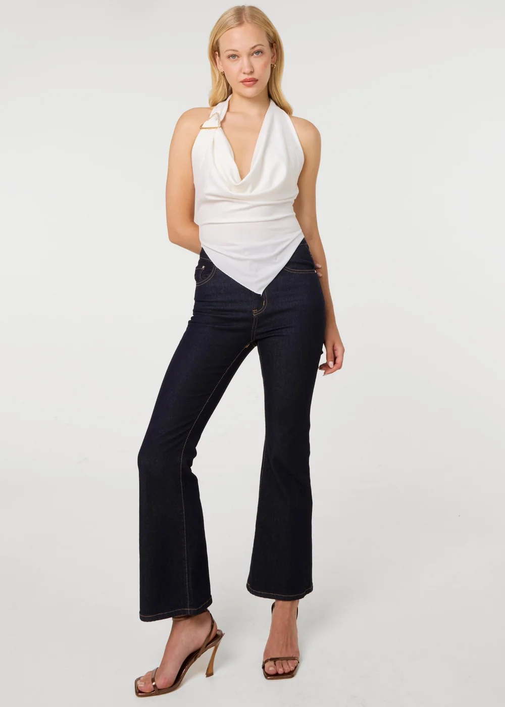Pink Vanilla Ivory Diamante Hardware Rib Cowl Neck Hanky Hem Top - One Size Image 2