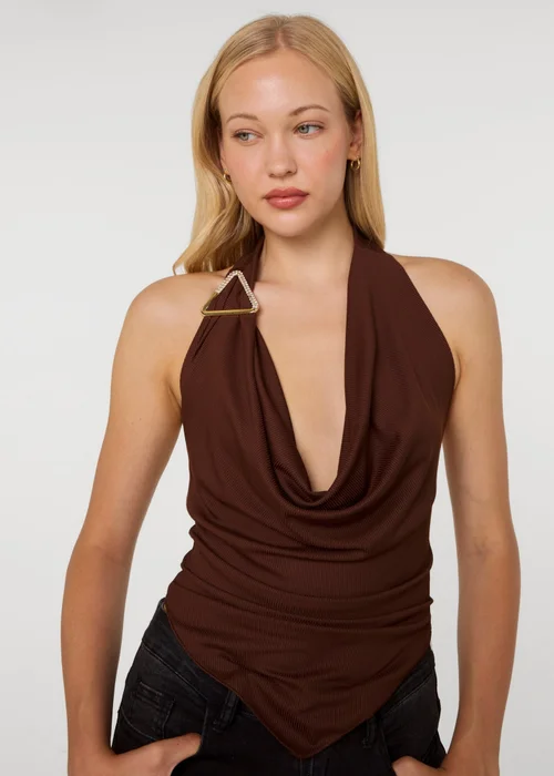 Pink Vanilla Brown Diamante Hardware Rib Cowl Neck Hanky Hem Top - One Size Image 3
