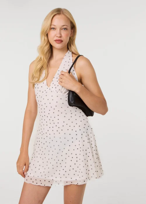 Pink Vanilla Ivory Polka Dot Halter Mini Dress - L Image 2