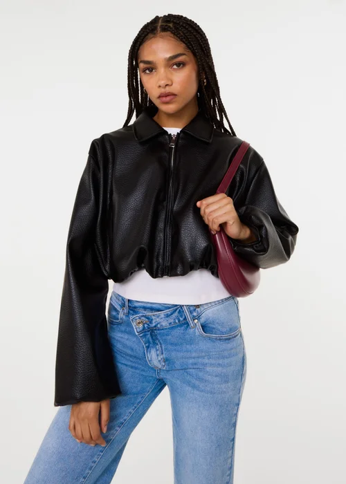 Pink Vanilla Black Faux Leather Puffball Jacket - S/M Image 1