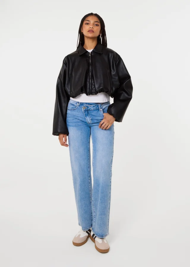 Pink Vanilla Black Faux Leather Puffball Jacket