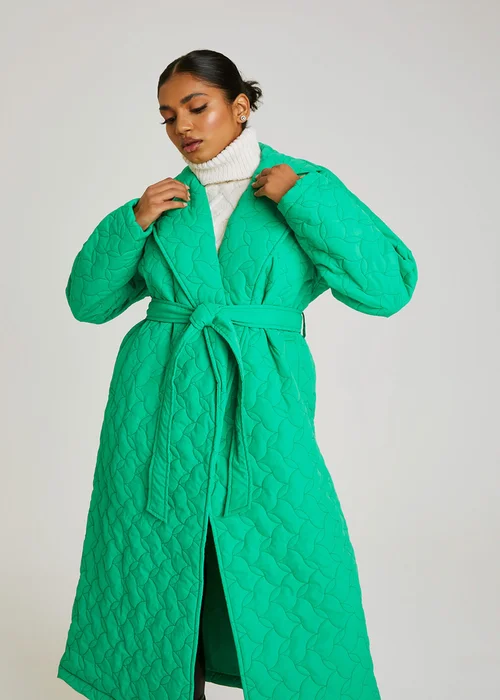 Urban Bliss Green Longline Quilted Belted Jacket - 10 Image 1
