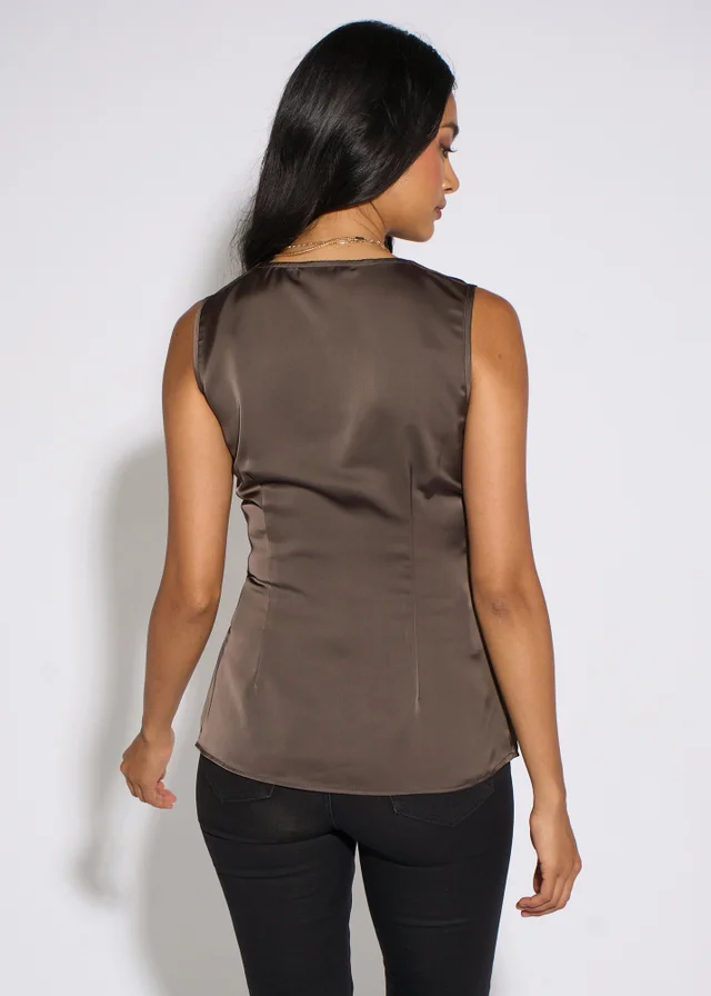 Gini London Brown Satin Sleeveless Waistcoat Top