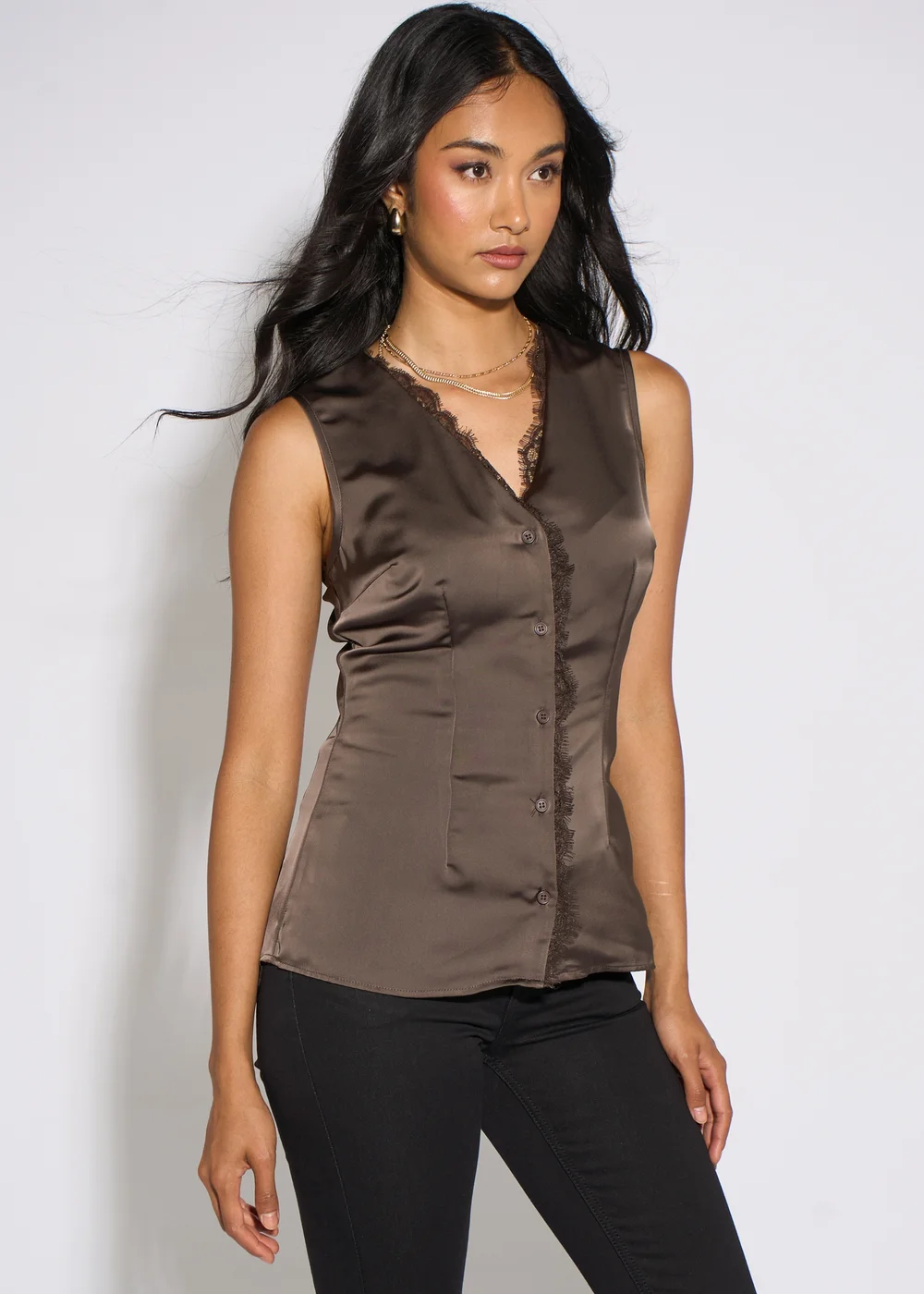 Gini London Brown Satin Sleeveless Waistcoat Top - 16 Image 1