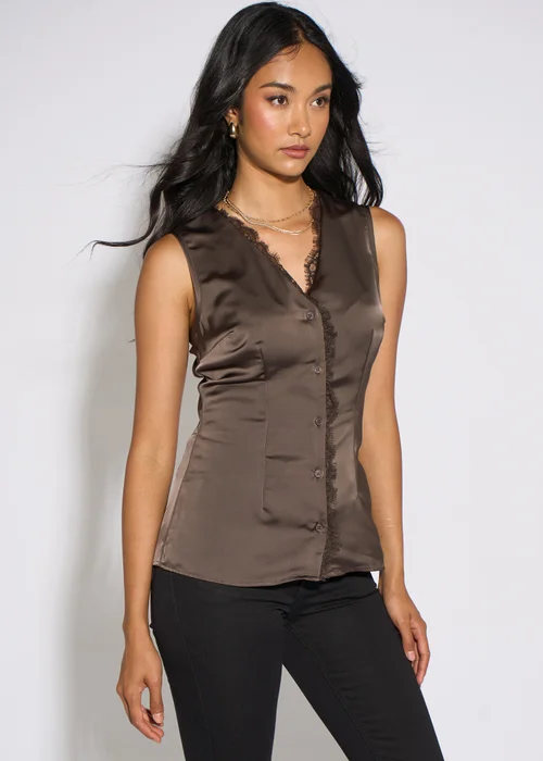 Gini London Brown Satin Sleeveless Waistcoat Top - 16 Image 1