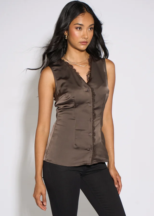 Gini London Brown Satin Sleeveless Waistcoat Top