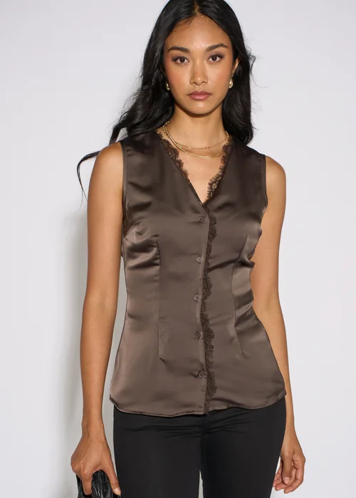 Gini London Brown Satin Sleeveless Waistcoat Top - 16 Image 3