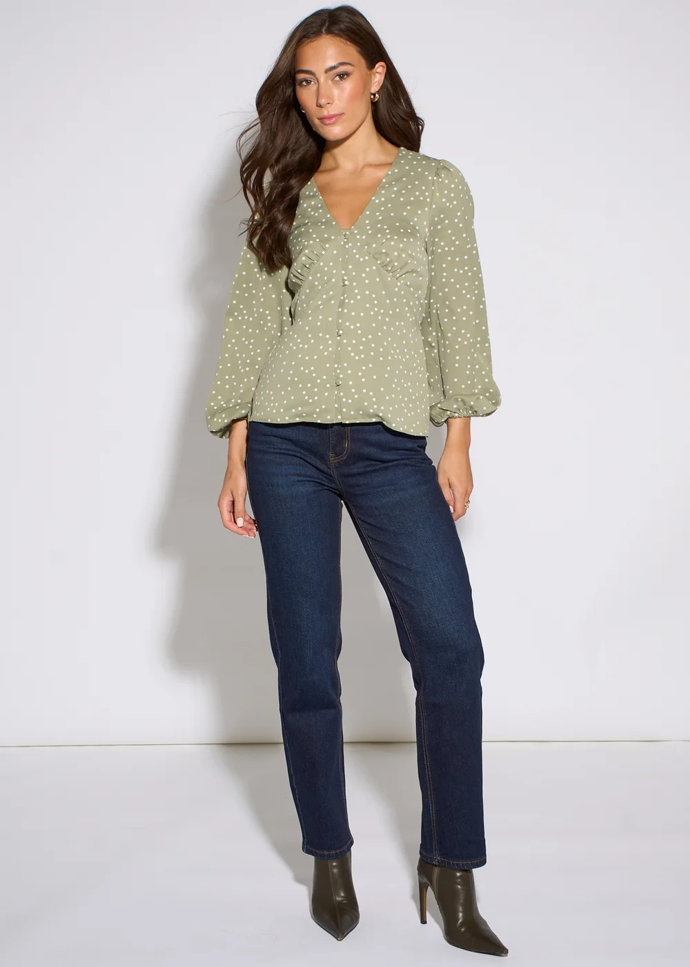 Gini London Green V Neck Spot Print Button Front Blouse - 12 Image 1