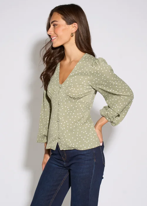 Gini London Green V Neck Spot Print Button Front Blouse - 12 Image 4