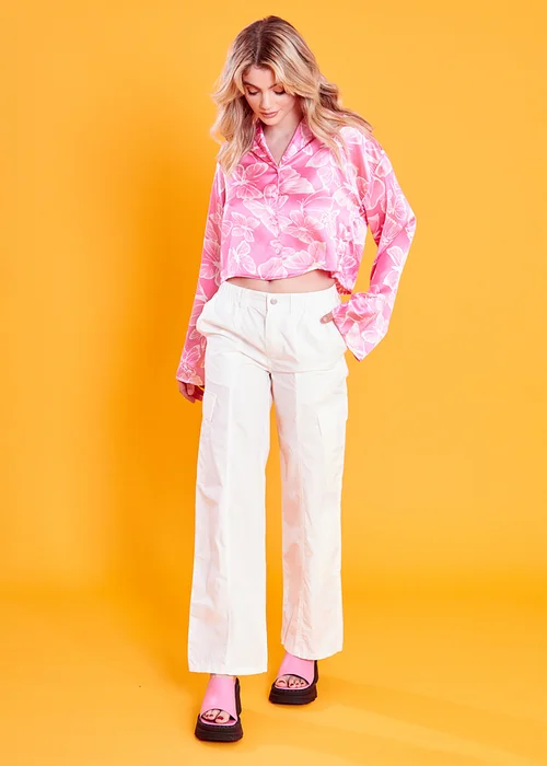 Neon Rose Pink Aurora Butterfly Satin Crop Shirt - M Image 4