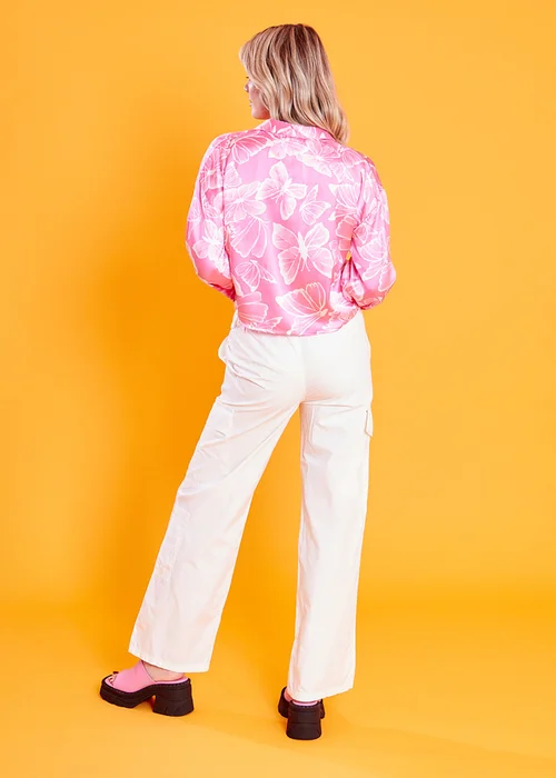 Neon Rose Pink Aurora Butterfly Satin Crop Shirt - M Image 2