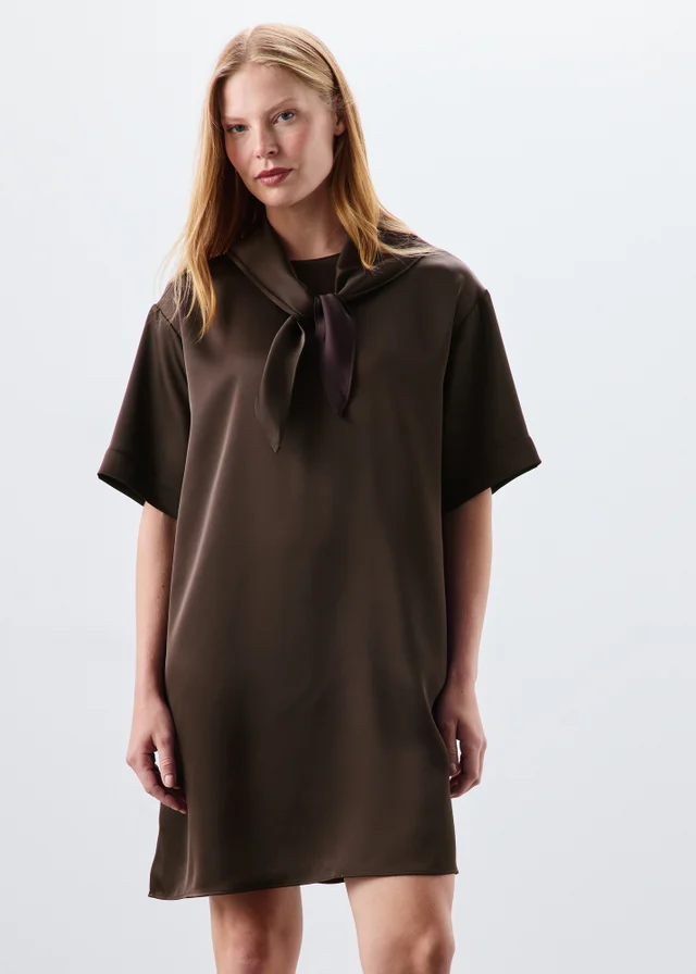 Brown Tie Neck Midi Dress
