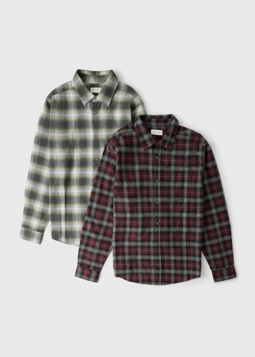 2 Pack Khaki & Burgundy Check Shirts - Medium Image 5