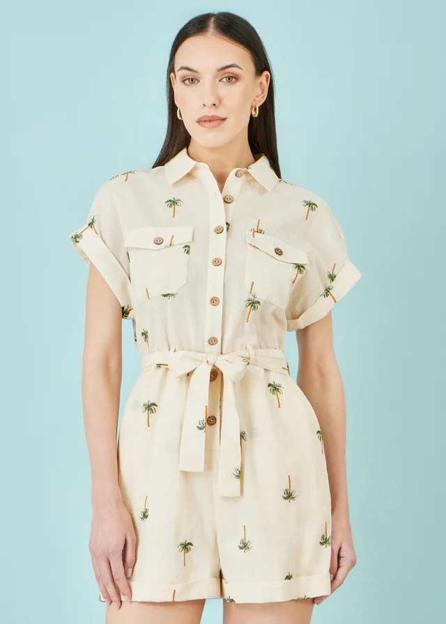 Yumi Beige Embroidered Palm Print Cotton Playsuit In White