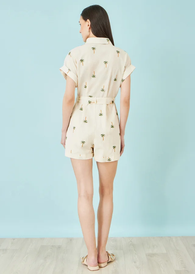 Yumi Beige Embroidered Palm Print Cotton Playsuit In White