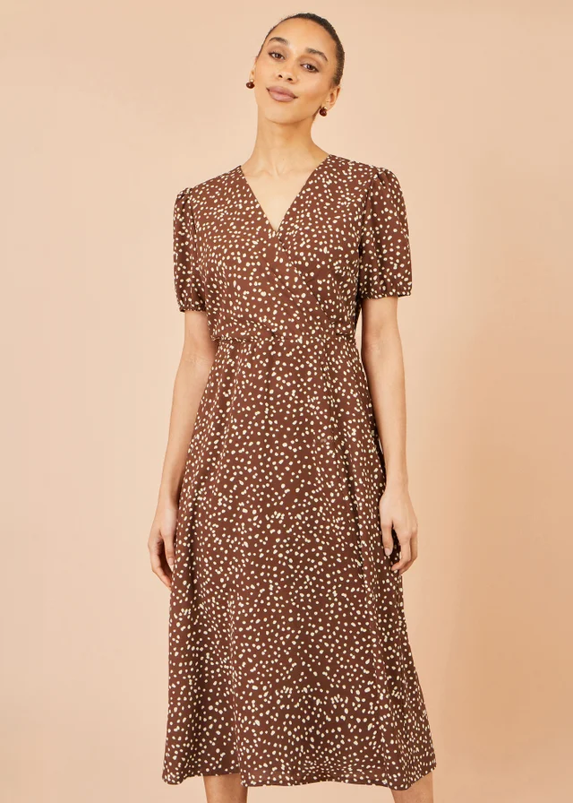 Yumi Brown Spot Midi Dress With Split Hemline