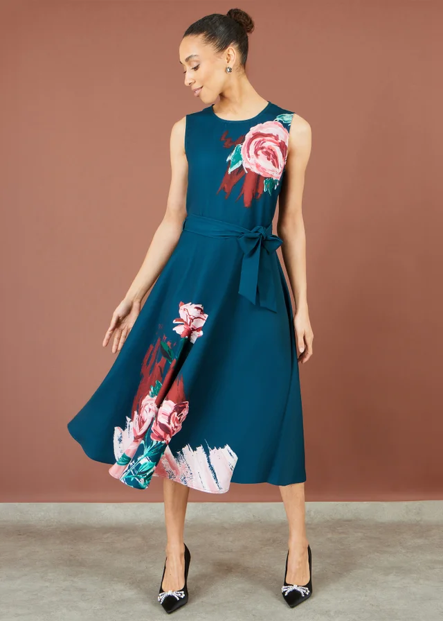 Yumi Green Abstract Floral Skater Midi Dress