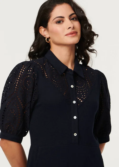 Izabel London Navy Embroidered Texture Midi Shirt Dress - 12 Image 4