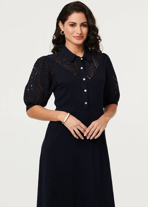 Izabel London Navy Embroidered Texture Midi Shirt Dress - 12 Image 2