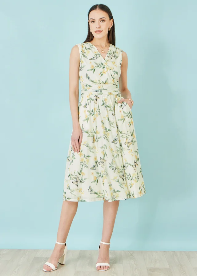 Yumi Ivory Floral Print Mesh Stretch Midi Dress With Pockets