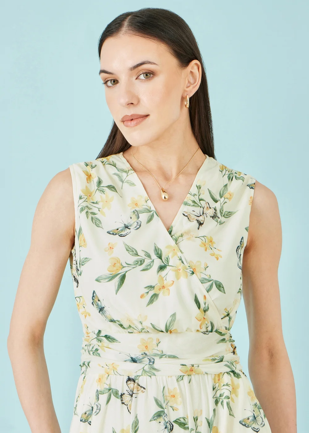 Yumi Ivory Floral Print Mesh Stretch Midi Dress With Pockets - 16 Image 4
