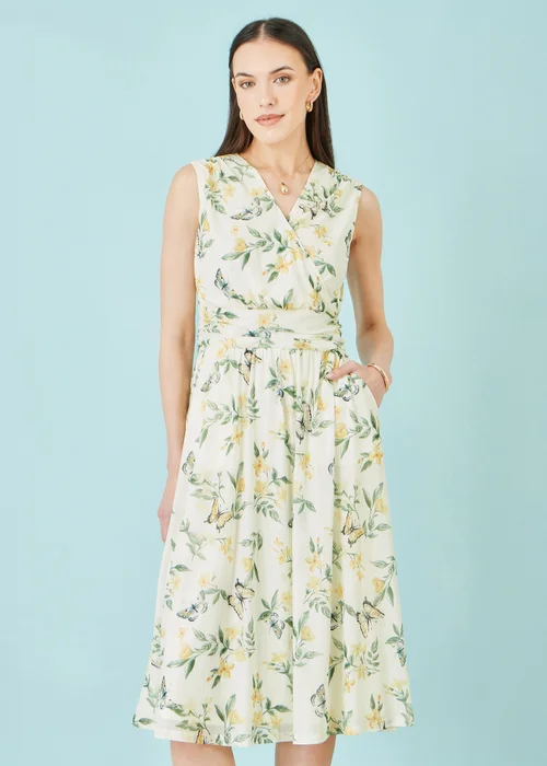 Yumi Ivory Floral Print Mesh Stretch Midi Dress With Pockets - 16 Image 1
