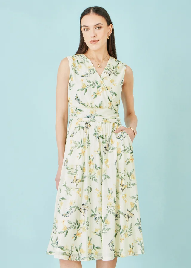 Yumi Ivory Floral Print Mesh Stretch Midi Dress With Pockets