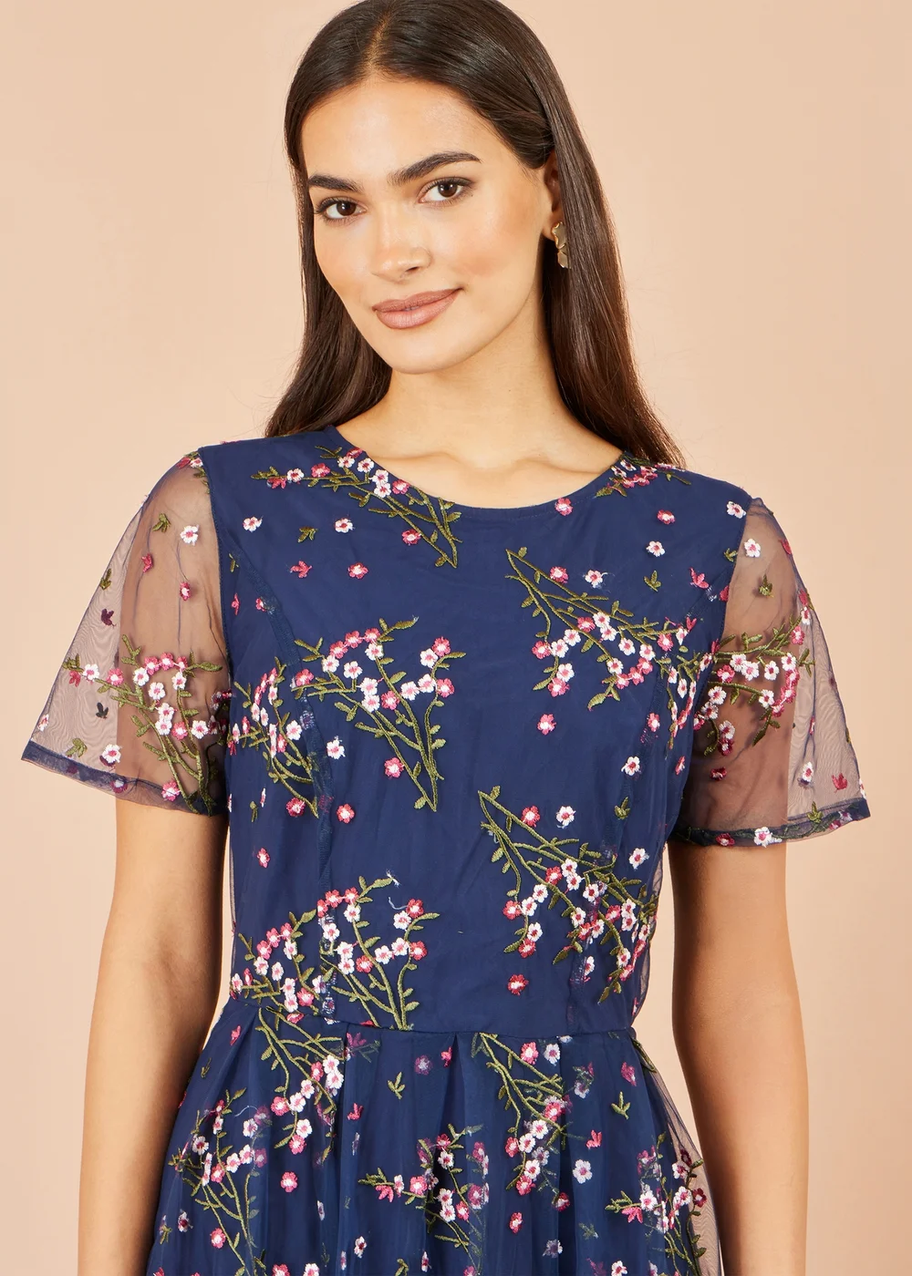 Yumi Navy Embroidered Floral Mesh Prom Dress - 24 Image 3