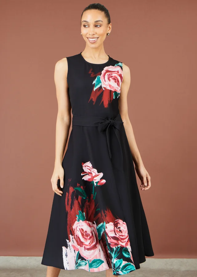 Yumi Black Abstract Floral Skater Midi Dress