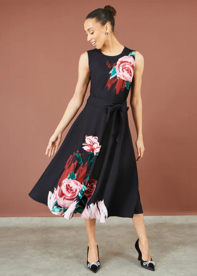 Yumi Black Abstract Floral Skater Midi Dress