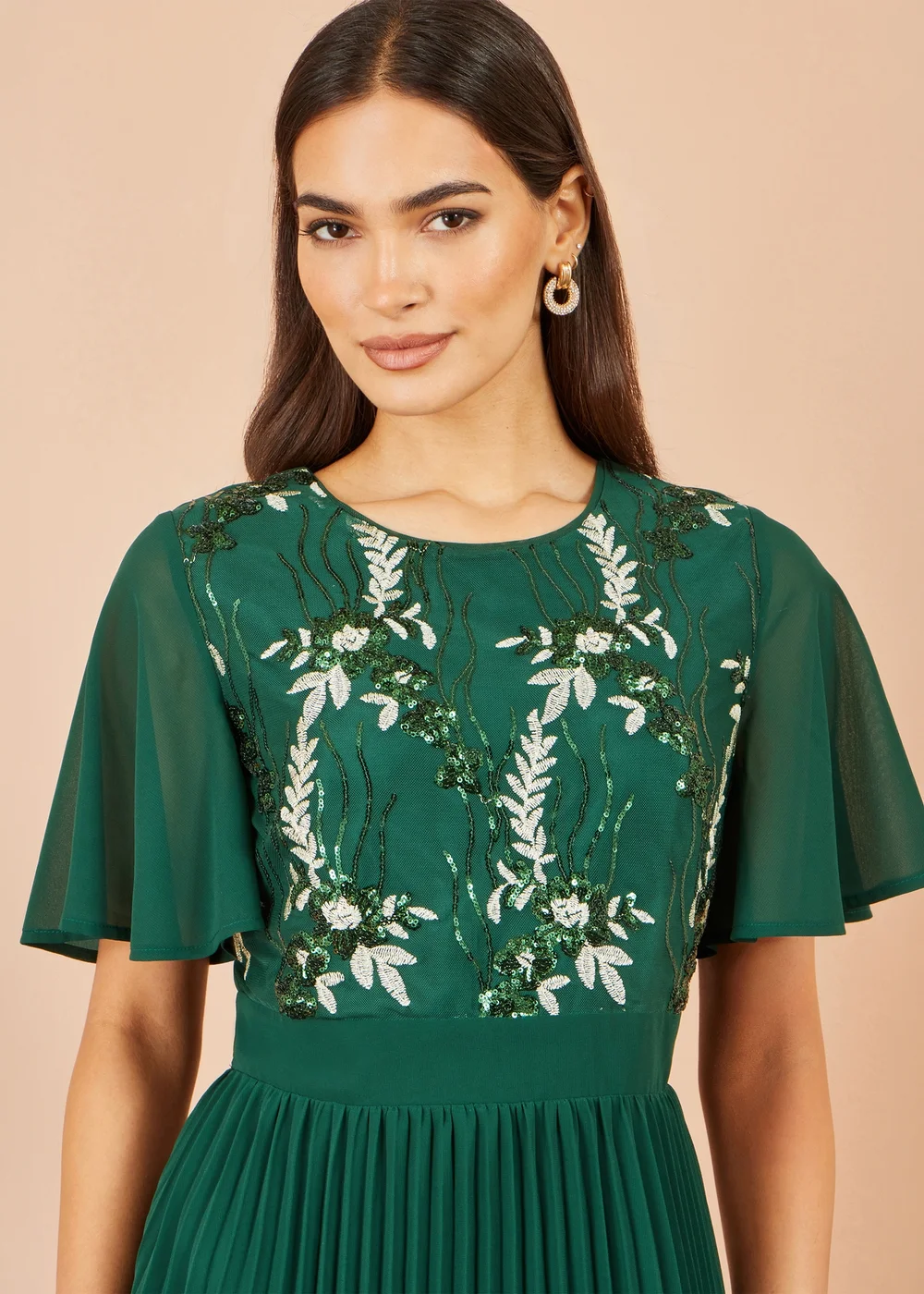 Yumi Green Sequin Embroidered Pleated Midi Dress - 8 Image 4