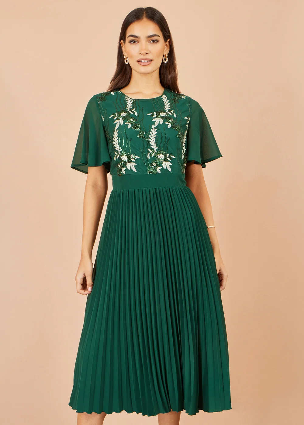 Yumi Green Sequin Embroidered Pleated Midi Dress - 8 Image 1