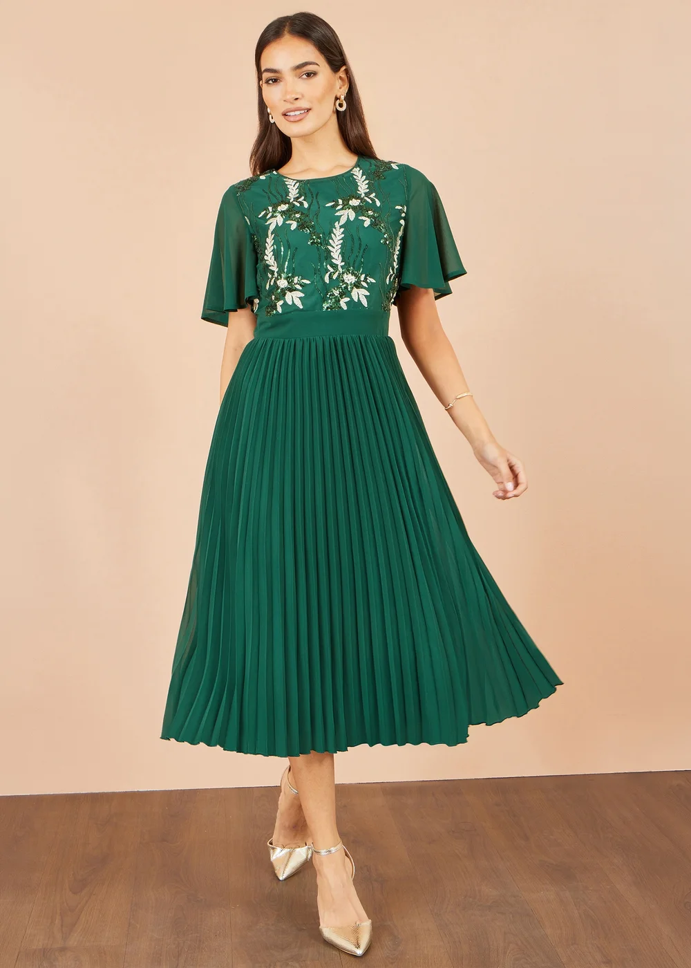 Yumi Green Sequin Embroidered Pleated Midi Dress - 8 Image 2