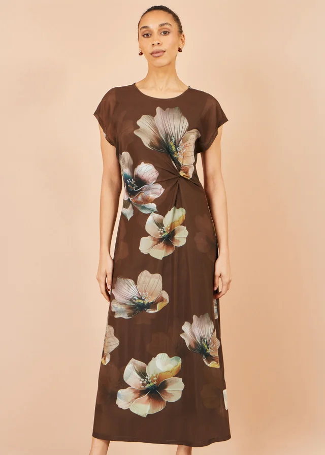 Yumi Brown Mesh Floral Midi Dress
