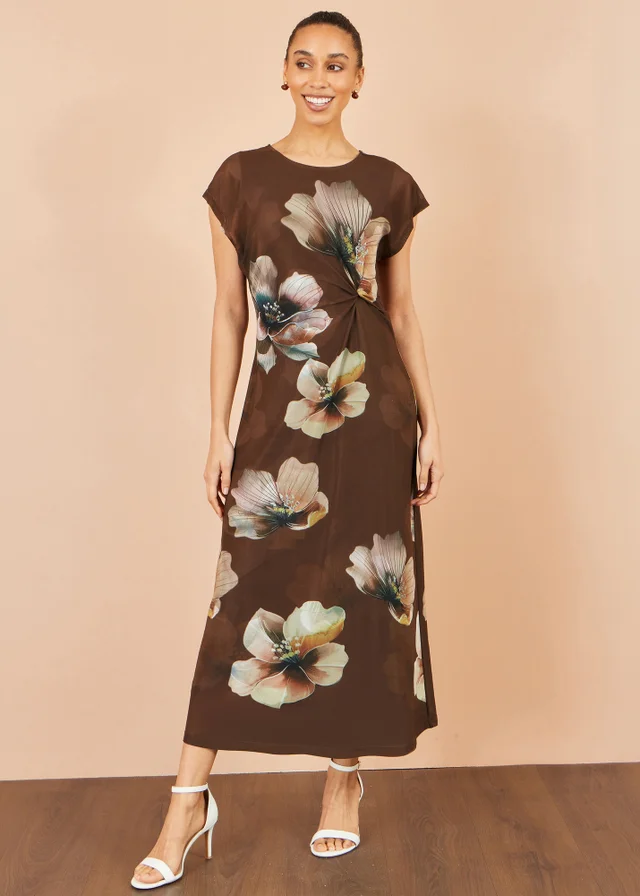 Yumi Brown Mesh Floral Midi Dress
